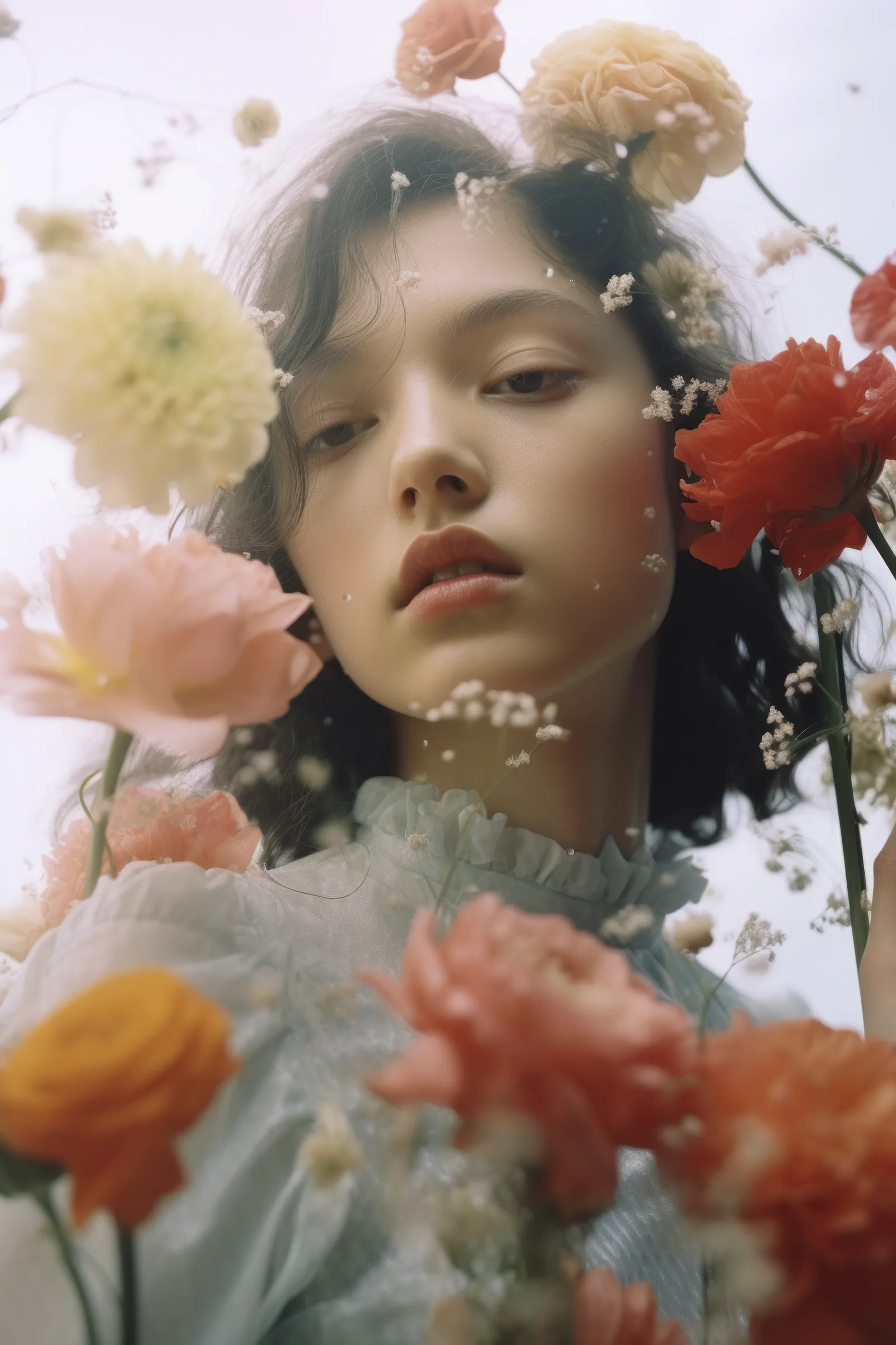 A woman looking down through drifting flowers against the sky